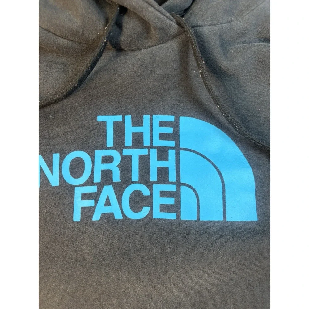 The North Face Men's Large Long Sleeve Blue Letters Logo Black Hoodie Sweatshirt